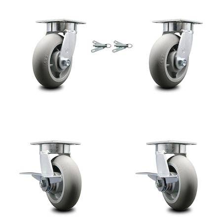 Service Caster 6 Inch Kingpinless Thermoplastic Rubber Wheel Caster Swivel Locks 2 Brakes, 2PK SCC-KP30S620-TPRRD-BSL-2-SLB-2